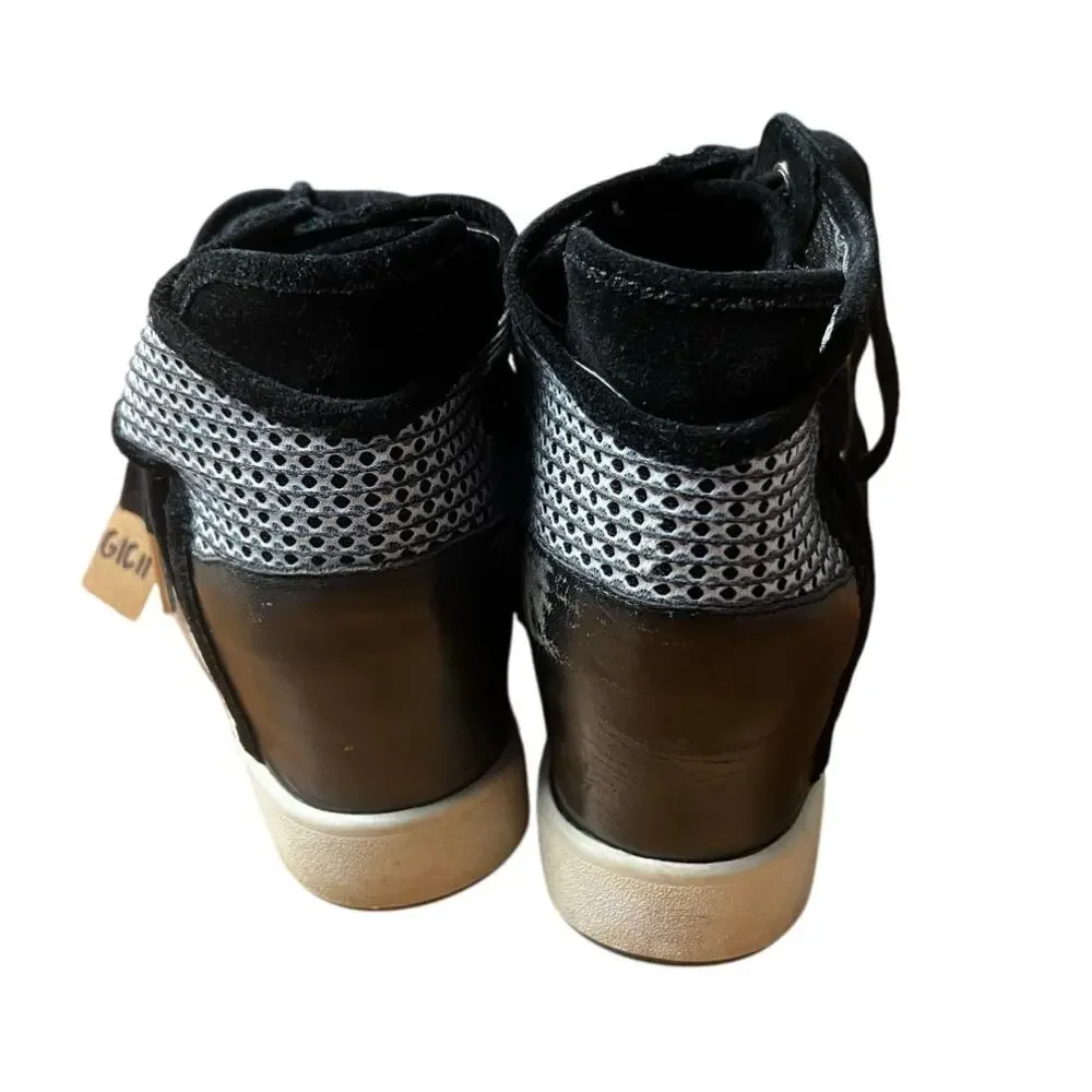 L.A.M.B. Black Leather Mesh Lace Up Wedge Sneakers Size 7